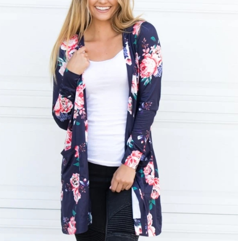 Tickled Teal navy floral spandex long sleeve pocket cardigan